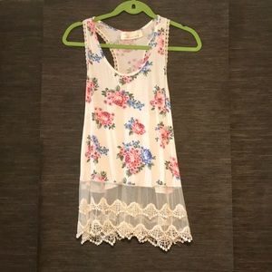White pink flowers shirt with lace at the bottom